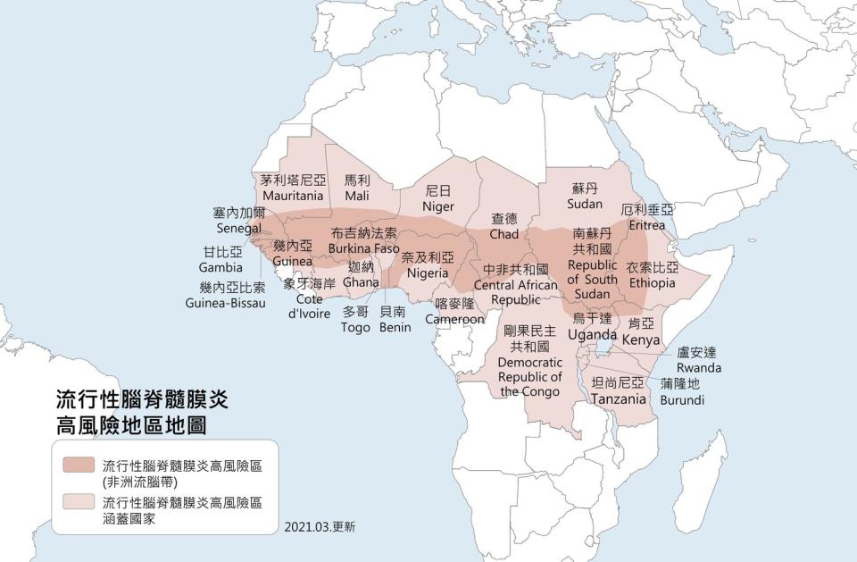 圖為流行性腦脊髓膜炎高風險地區地圖。   圖：疾病管制署提供