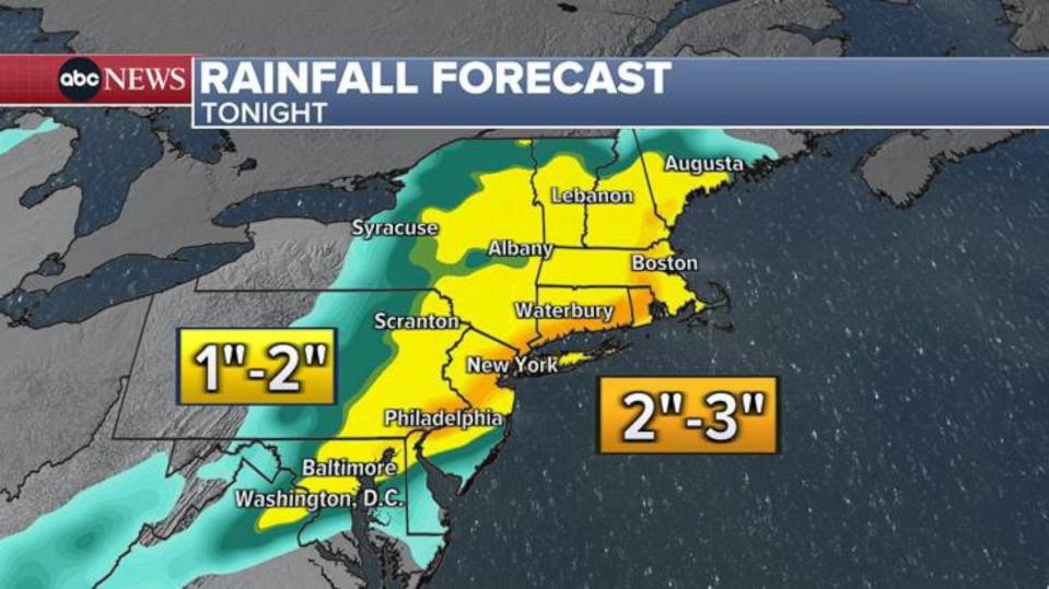 PHOTO: Overall, 1-2” is expected across much of the Northeast. Area where the heaviest rain pours down the longest will see 2-3” or more. (ABC News)