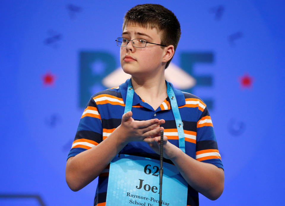 <p>Joel Miles, 14, of Greenwood, Missouri, spells a word during the 2017 Scripps National Spelling Bee at National Harbor in Oxon Hill, Maryland, U.S., May 31, 2017. (Joshua Roberts/Reuters) </p>