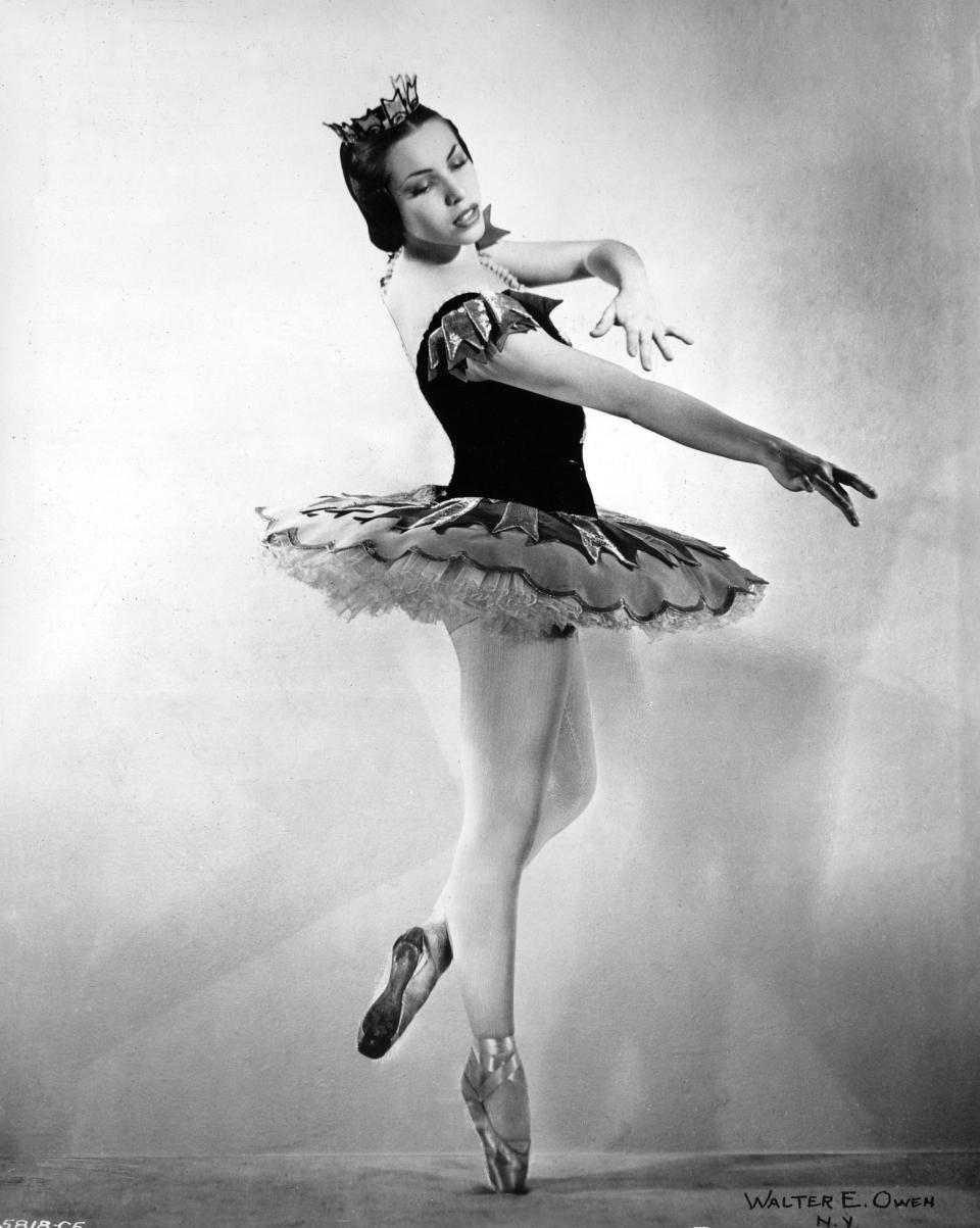 Maria Tallchief appears in a 1940s studio portrait by New York City photographer Walter E. Owen for the Ballet Russe de Monte Carlo.