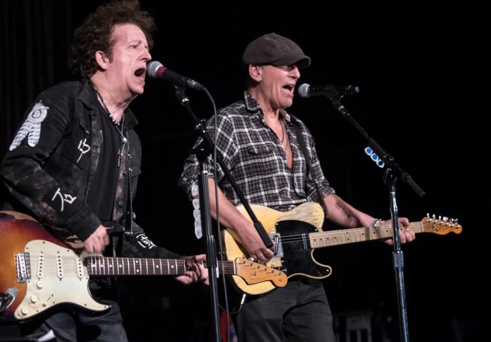 Bruce Springsteen (right) makes a surprise appearance during Willie Nile’s set at Bob’s Birthday Bash at the Light of Day Winterfest at Paramount Theatre on Jan. 18, 2020, in Asbury Park. Getty Images