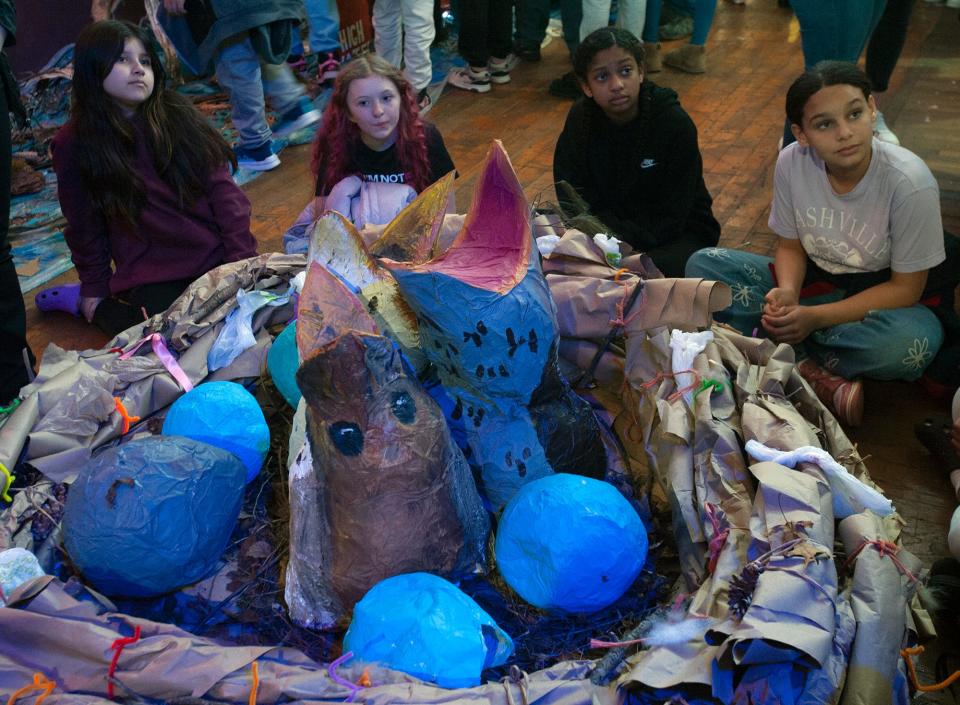 Fifth graders from the McCarthy School visited a climate-themed gallery at the Saxonville Mills presented by the Framingham High School Environmental Awareness Club, March 12, 2024. The gallery, "A Few Degrees More: The Impact of Climate Change in Framimgham and Beyond," is available for public viewing through March 21.