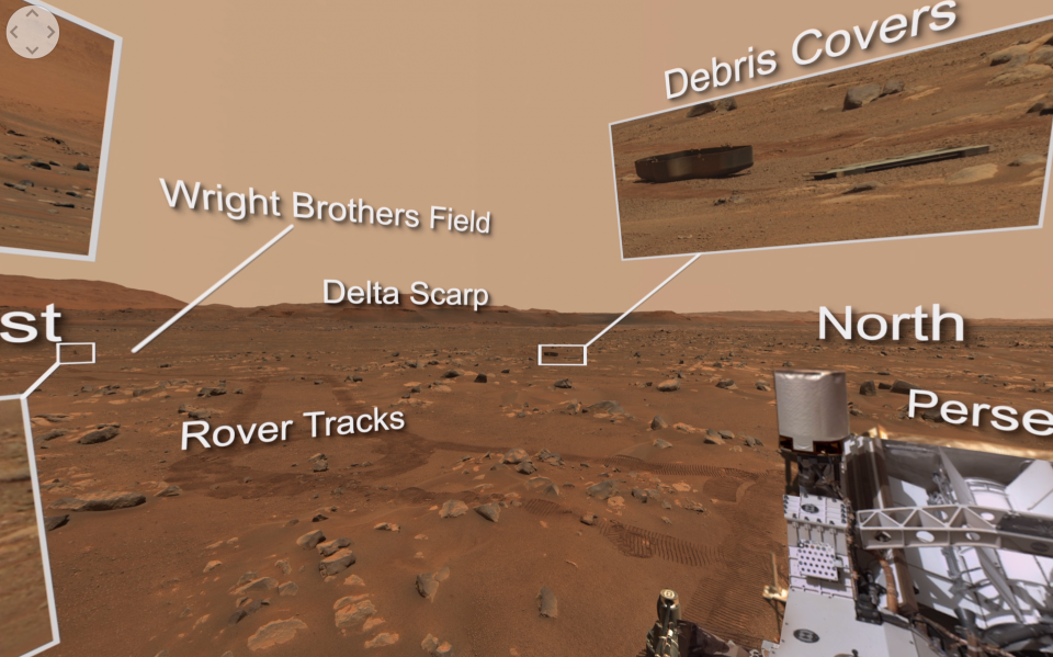 NASA's Perseverance Mars rover looks out on the Martian surface.