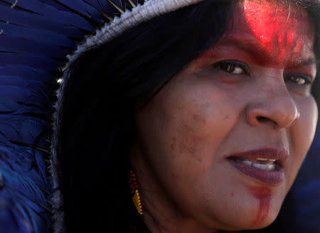 Indian Leader Sonia Guajajara talks during a news conference at the Terra Livre camp, or Free Land camp, in Brasilia, Brazil April 25, 2019. REUTERS/Nacho Doce