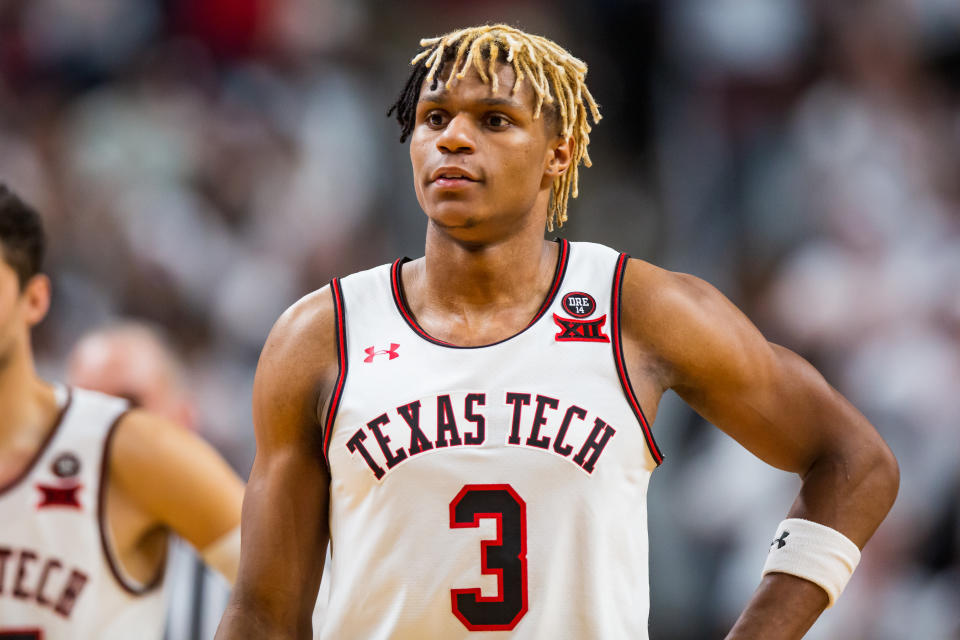 Guard Jahmi'us Ramsey #3 of the Texas Tech Red Raiders stands on the court during the second half of the college basketball game against the Kansas Jayhawks on March 07, 2020 