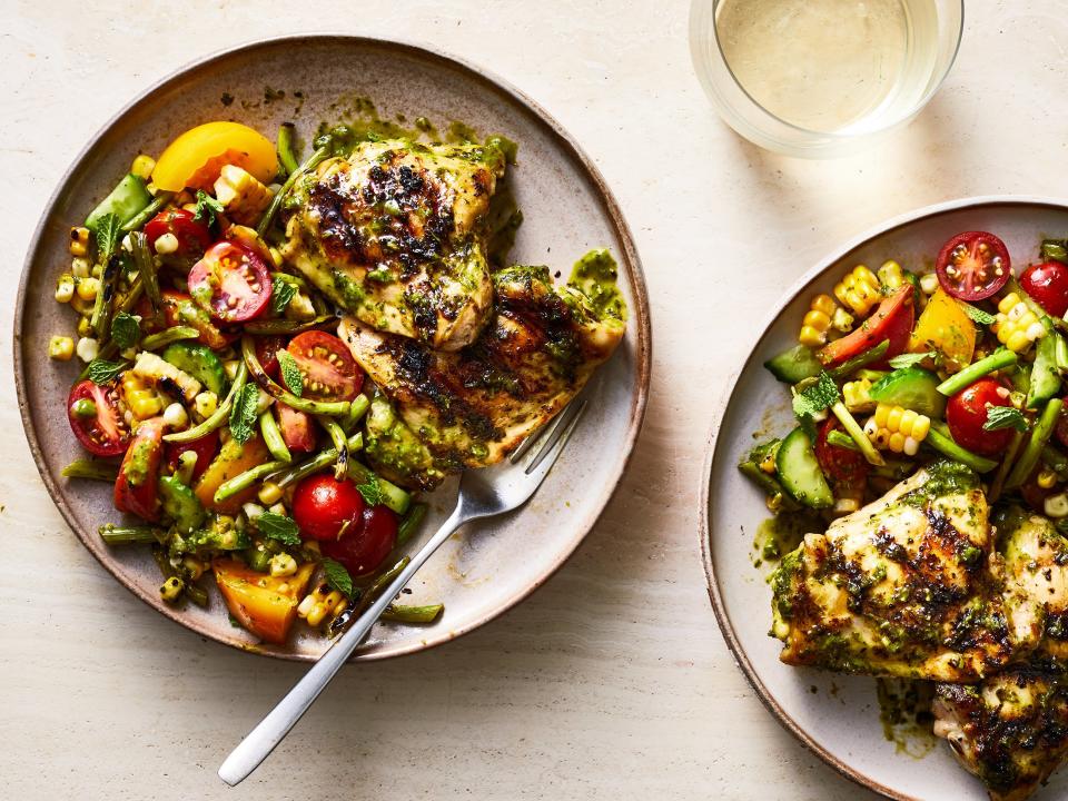 Lemony-Herb Chicken with Grilled Garlic Scapes Salad 