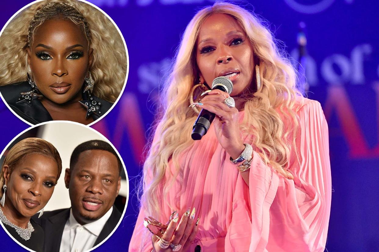 Mary J. Blige in her SOAW poster, another Blige photo, and Blige with ex-husband Kendu Isaacs.