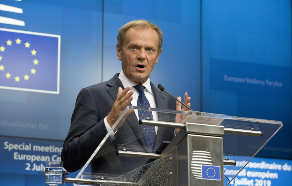 European Council President Donald Tusk speaks during a media conference at an EU summit in Brussels, Tuesday, July 2, 2019. After three days of arduous negotiations, European Union leaders broke their top job deadlock Tuesday and nominated German Defense Minister Ursula von der Leyen to become the new president of the bloc's powerful executive arm, the European Commission, taking over from Jean-Claude Juncker for the next five years. (AP Photo/Virginia Mayo)