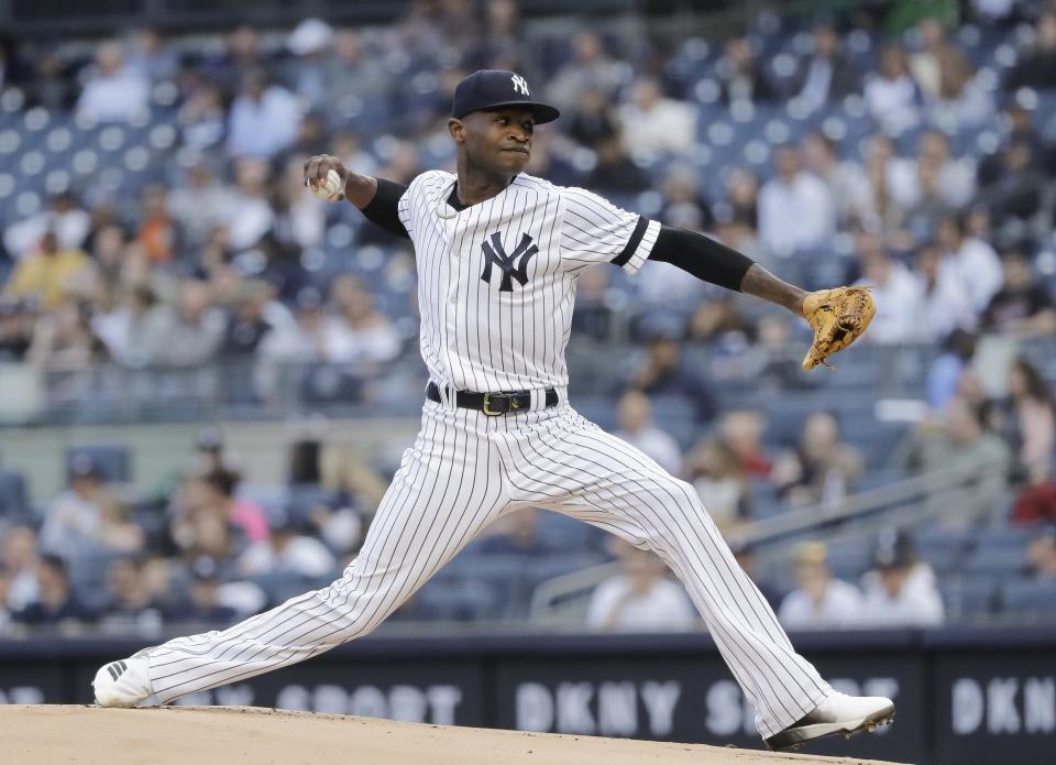New York Yankees' Domingo German delivers a pitch during the first inning in the second baseball game of the team's doubleheader against the Baltimore Orioles on Wednesday, May 15, 2019, in New York. (AP Photo/Frank Franklin II)
