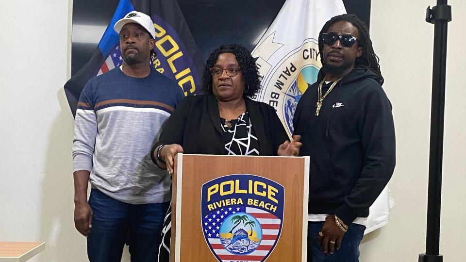 Cynthia Oziros speaks during a Riviera Beach news conference Friday announcing the arrests of two men in the March 2014 killing of her husband, Murat Oziros.