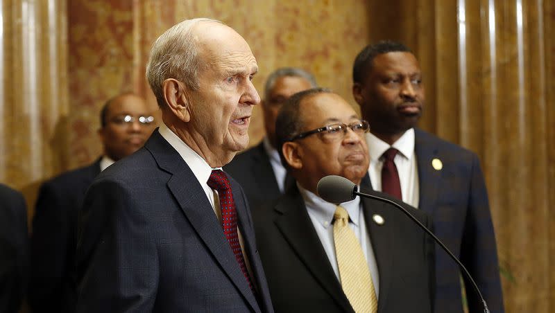 President Russell M. Nelson of The Church of Jesus Christ of Latter-day Saints speaks with national board members of the NAACP at right during a press conference in Salt Lake City on Thursday, May 17, 2018.