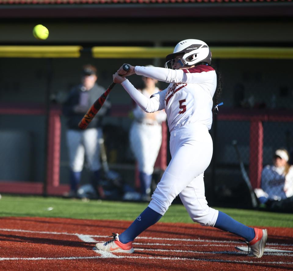 Arlington's Megan Serino connects with a pitch against John Jay-East Fishkill during an April 28, 2022 softball game.