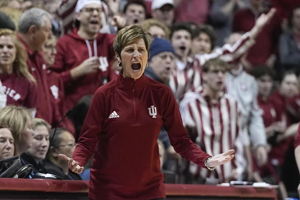 Indiana head coach Teri Moren questions a call during the second half of a second-round college basketball game against Miami in the women's NCAA Tournament Monday, March 20, 2023, in Bloomington, Ind. (AP Photo/Darron Cummings)