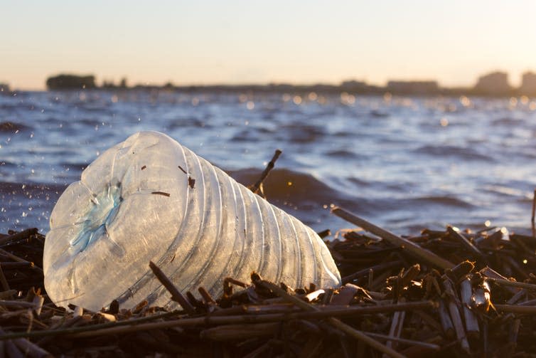 <span class="caption">A new time phase needs a geological marker which for the Anthropocene working group is considering plastic pollution, soot from factories or radioactive elements dispersed across the planet from nuclear bomb tests.</span> <span class="attribution"><a class="link " href="https://www.shutterstock.com/image-photo/plastic-water-bottles-pollute-ocean-bottle-1150205483" rel="nofollow noopener" target="_blank" data-ylk="slk:Shutterstock;elm:context_link;itc:0;sec:content-canvas">Shutterstock</a></span>