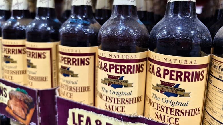 Row of Worcestershire sauce bottles