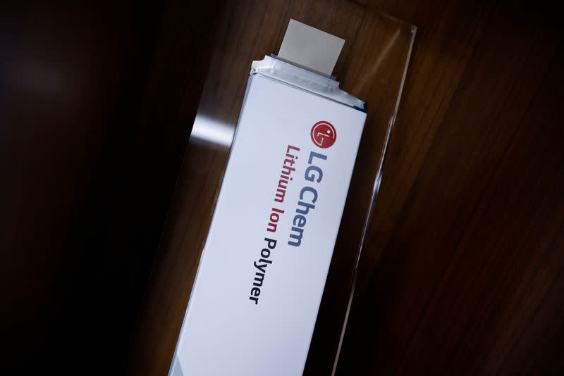 A sample of MEB cell of LG Chem is seen on display at its office building in Seoul