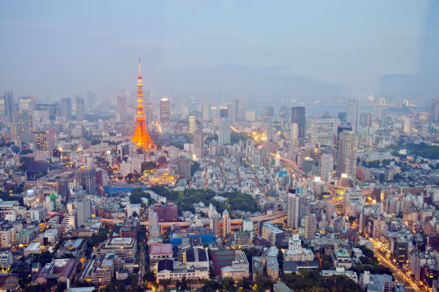 The Tokyo skyline at sunset and night.