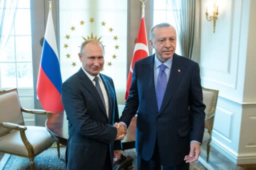 Erdogan (right) welcomed Putin to Ankara ahead of the summit. Turkey is concerned over the steady advance of Syrian forces into the Idlib region, backed by Russian air power