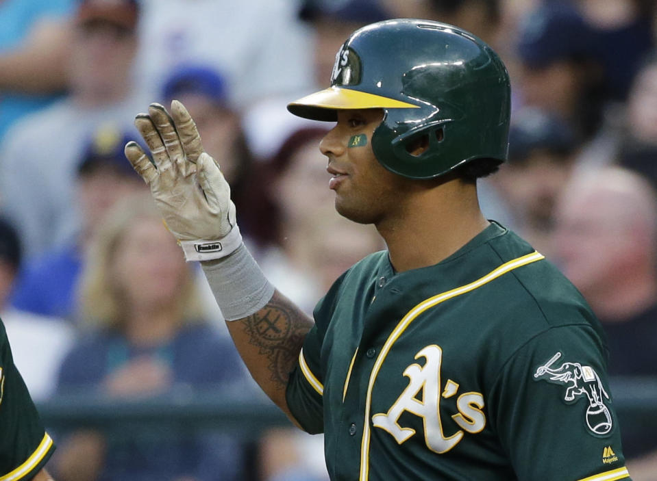 Oakland Athletics’ Khris Davis is a masher who could help a punchless Blue Jays team score runs. (Ted S. Warren/AP)