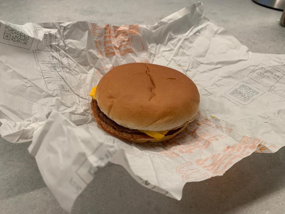 A cheeseburger ordered at McDonald's in London, UK.