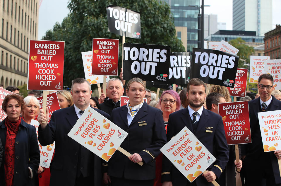 Former Thomas Cook cabin crew protesting outside the Manchester Convention Centre at the Conservative Party Conference.