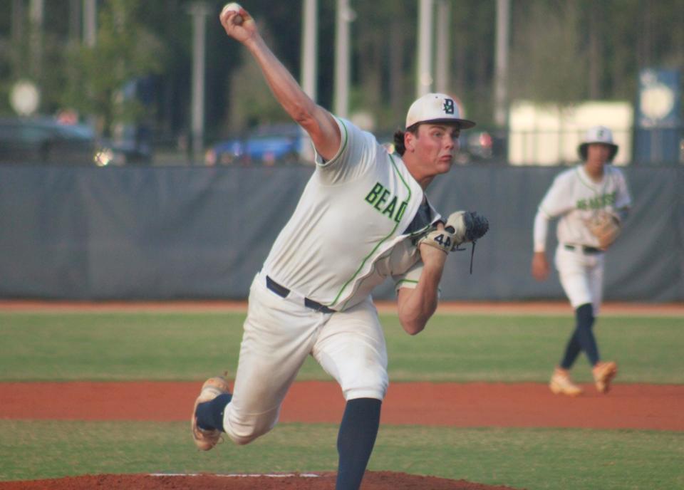 Beachside's Jake Meadows (19) delivers a pitch against Columbia during Tuesday's FHSAA Region 1-5A baseball quarterfinal. Meadows pitched a shutout in the Barracudas' 2-0 win.