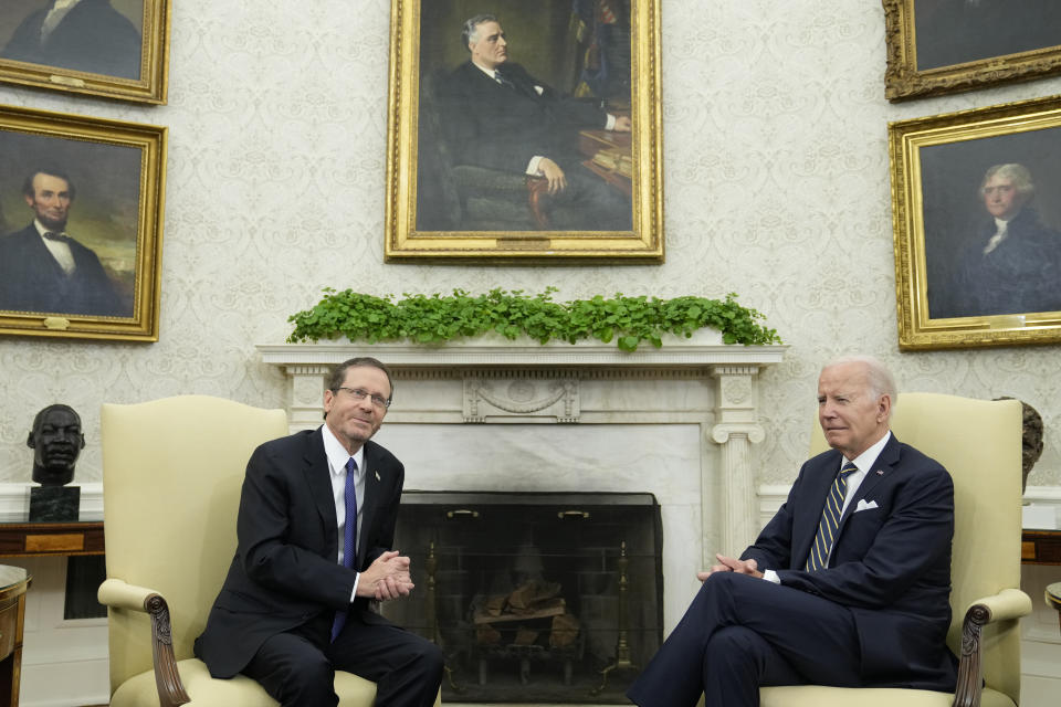 President Joe Biden meets with Israel's President Isaac Herzog in the Oval Office of the White House in Washington, Tuesday, July 18, 2023. (AP Photo/Susan Walsh)