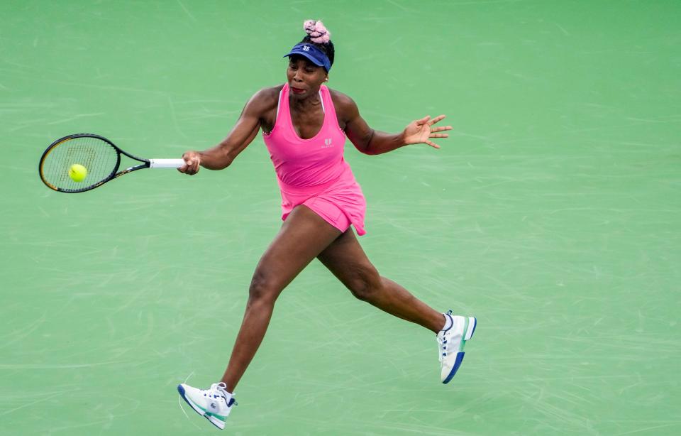 Venus Williams hits a forehand against Veronika Kudermetova during the first round of the Western & Southern Open.