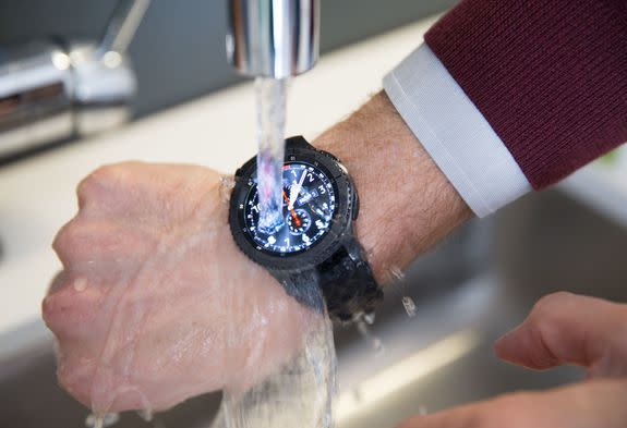 Yes, the Samsung Gear S3 can handle a little water.