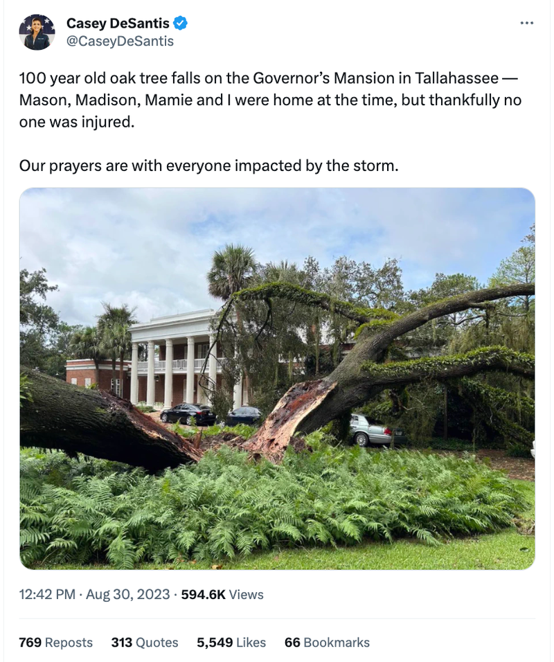 A tweet from the First Lady of Florida of the tree that hit the Governor’s Tallahassee home this week. 