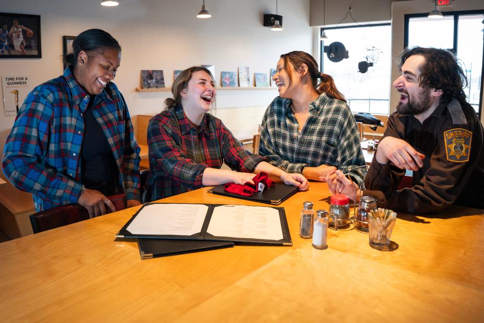 Mikaela Lawrence, from left, Lucie Hodgkins, Summer Schlieckau and Benjamin Marn rehearse a scene for Ripon College’s production of “The Spitfire Grill,” set to open April 10.