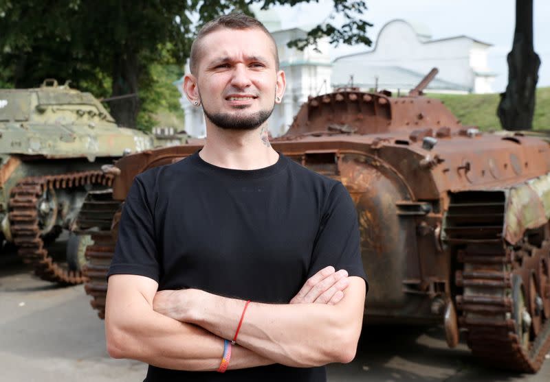 Ukrainian war veteran Viktor Pylypenko speaks during an interview with Reuters in Kyiv