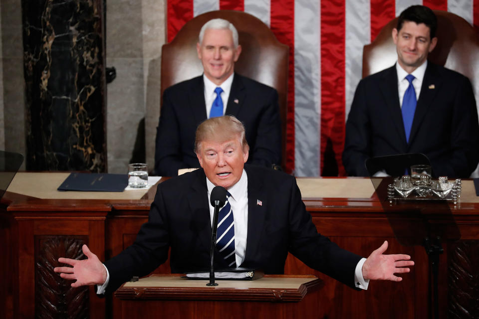 <p>President Donald Trump addresses a joint session of Congress on Capitol Hill in Washington, Tuesday, Feb. 28, 2017, as Vice President Mike Pence and House Speaker Paul Ryan of Wis. listen. (AP Photo/Pablo Martinez Monsivais) </p>