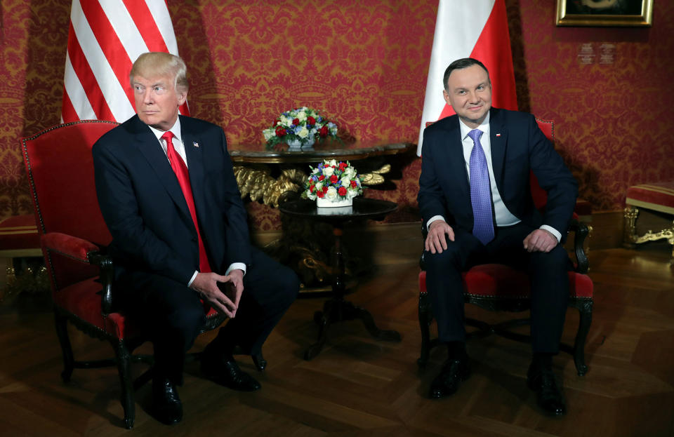 <p>President Donald Trump is greeted by Polish President Andrzej Duda as he visits Poland during the Three Seas Initiative Summit in Warsaw, Poland July 6, 2017. (Photo: Carlos Barria/Reuters) </p>