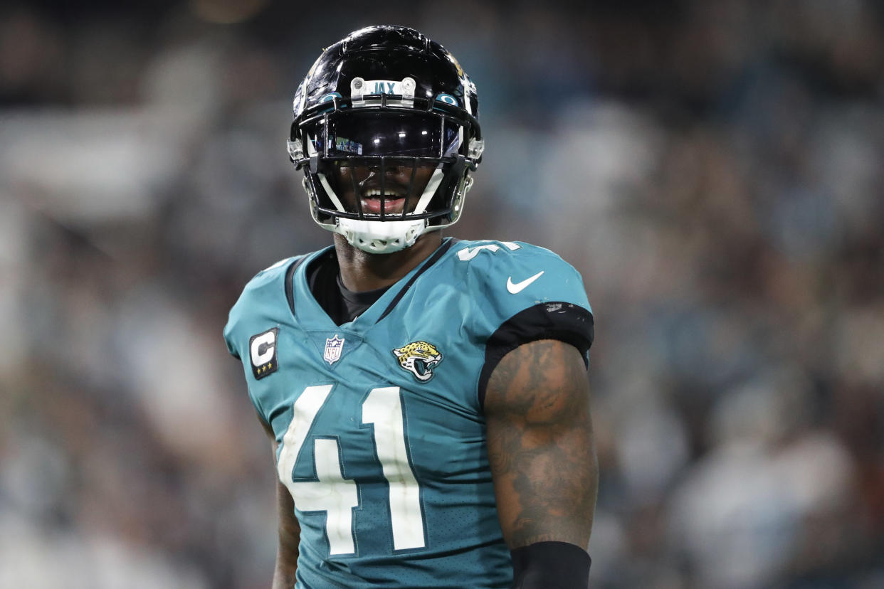 JACKSONVILLE, FLORIDA - JANUARY 07: Josh Allen #41 of the Jacksonville Jaguars looks on during the second half against the Tennessee Titans at TIAA Bank Field on January 07, 2023 in Jacksonville, Florida. (Photo by Courtney Culbreath/Getty Images)