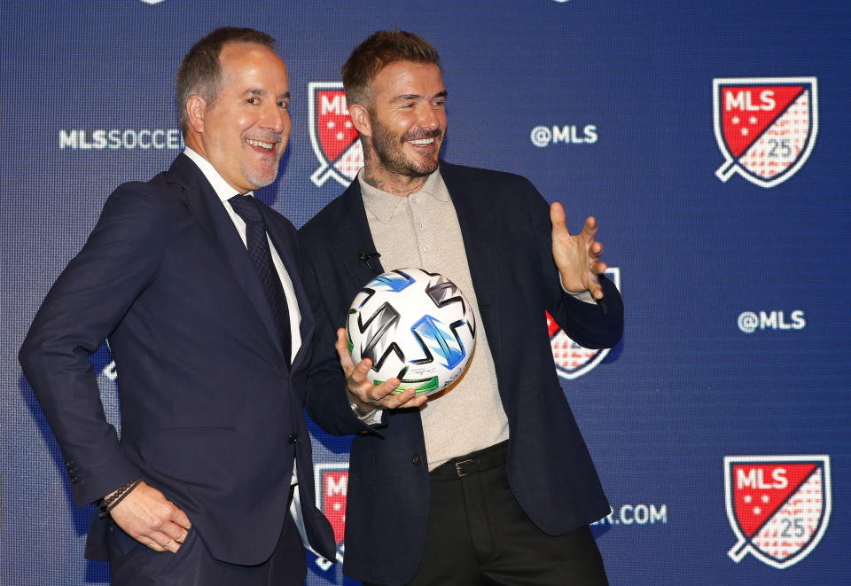 Feb 26, 2020; New York, New York, USA; David Beckham and Jorge Mas managing owner of Inter Miami during the MLS 25th Season Kickoff at the Mandarin Oriental Hotel. Mandatory Credit: Noah K. Murray-USA TODAY Sports/Sipa USA