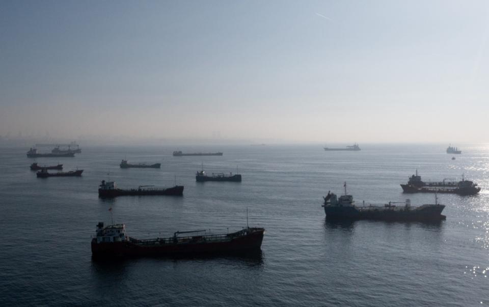 Ships, including those carrying grain from Ukraine and awaiting inspections, are seen anchored off the Istanbul coastline on November 02, 2022 in Istanbul, Turkey. - Getty