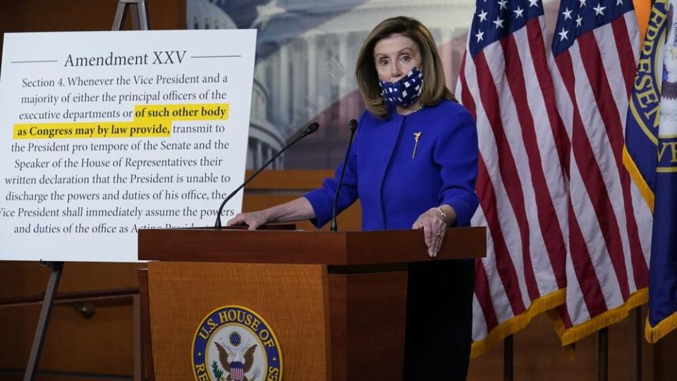 Speaker of the House Nancy Pelosi, D-Calif., questions President Donald Trump’s fitness to serve following his hospitalization for COVID-19, during a news conference at the Capitol in Washington, Friday, Oct. 9, 2020. (AP Photo/J. Scott Applewhite)