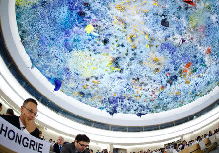 Hungarian Foreign Minister Peter Szijjarto reacts before he addresses the Human Rights Council at the United Nations in Geneva, Switzerland September 19, 2018. REUTERS/Denis Balibouse