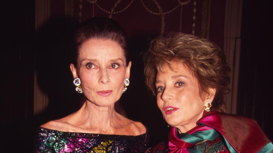 portrait of british actress audrey hepburn 1929 1993 left and american broadcast journalist and television host barbara walters as they attend the 8th annual night of stars fashion festival at the waldorf astoria hotel in new york, new york, november 3, 1991 photo by rose hartmangetty images