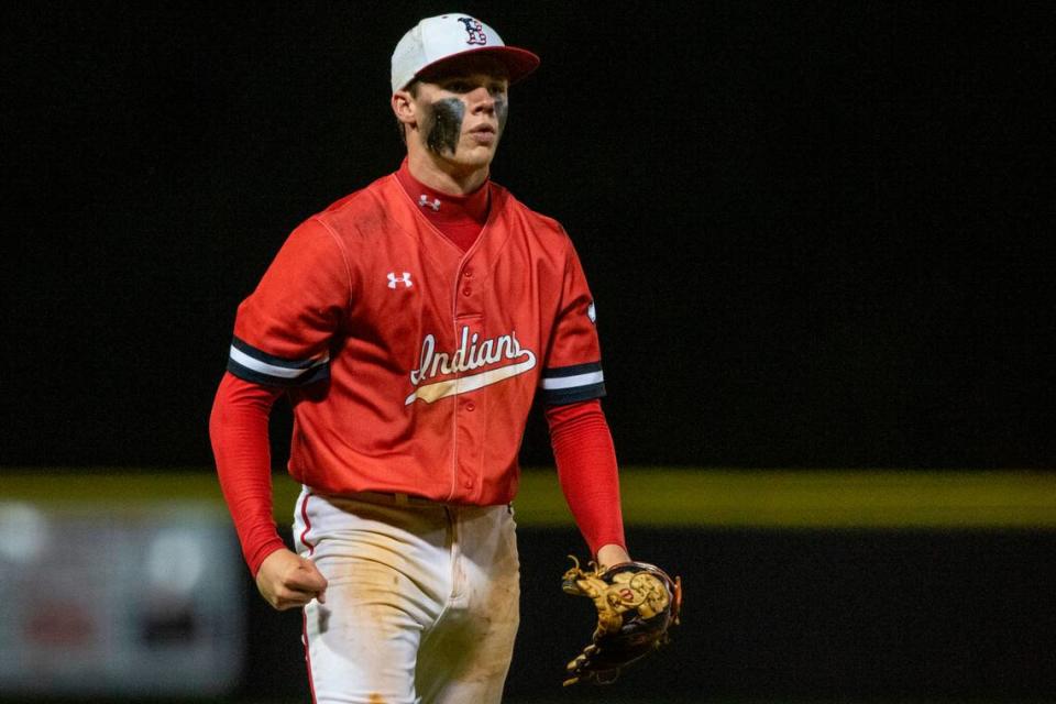 Biloxi pitcher Logan Fontenelle reacts after striking out a batter during a game at Harrison Centralon Tuesday, April 11, 2023.