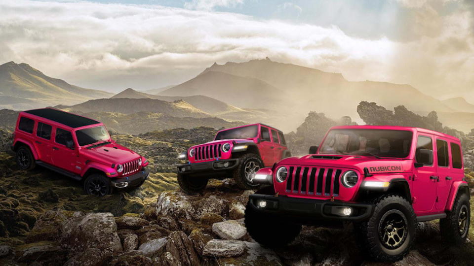 圖／Jeep把全新粉紅色塗裝命名為塔斯卡羅粉紅（Tuscadero Pink），包括Jeep Sahara、Jeep Wrangler 4xe PHEV、Jeep Wrangler Rubicon 392…等車型皆適用。