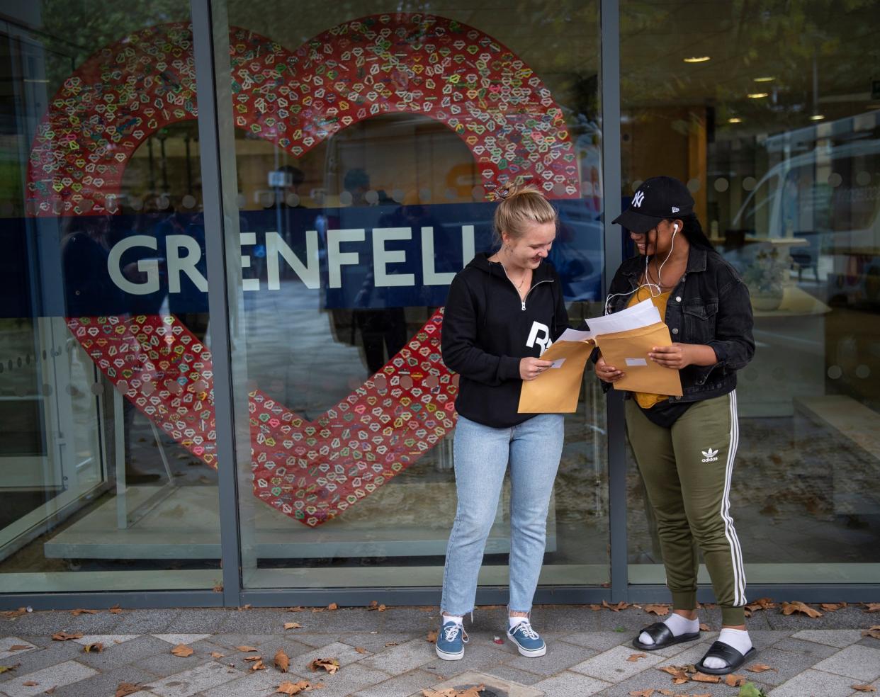 Mia John-Phillip (left) and Annie Hyatt, students at Kensington Aldridge Academy, receive their A Level results: Daniel Hambury/@stellapicsltd