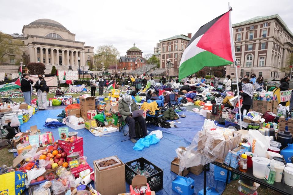 Pro-Palestinian demonstrators gather at an encampment on the lawn of Columbia University. James Keivom