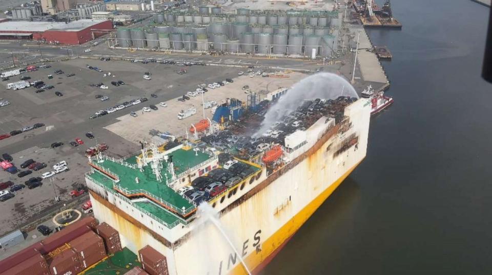 PHOTO: The motor vessel Grande Costa D’Avorio is shown from an unmanned aircraft systems perspective of firefighting efforts from a Unified Command in attempts to extinguish the fire aboard the ship at Port Newark, New Jersey, July 8, 2023. (U.S. Coast Guard District 1 PADET New York)