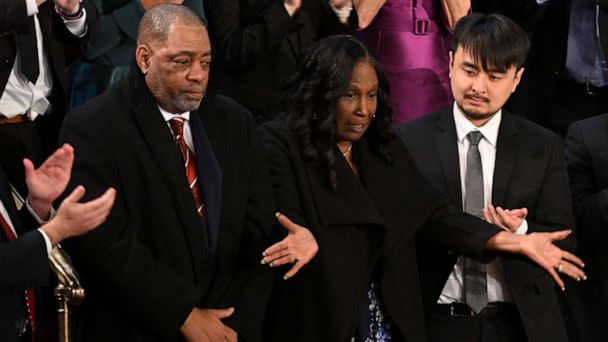 PHOTO: Rodney Wells (L) and RowVaughn Wells (2nd L), parents of Tyre Nichols, are applauded after President Joe Biden acknowledged them during the State of the Union address in the House Chamber of the Capitol in Washington, DC, on Feb. 7, 2023. (Jim Watson/AFP via Getty Images)