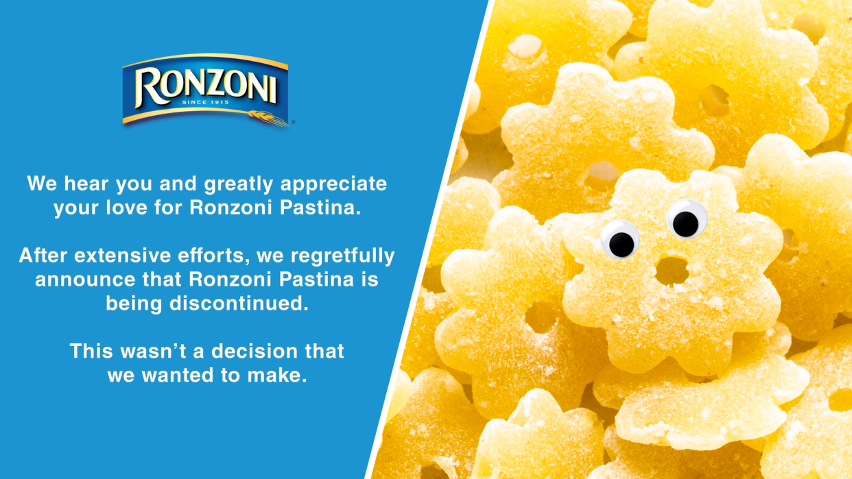 Ronzoni pastina has been discontinued, but the pasta brand says it 