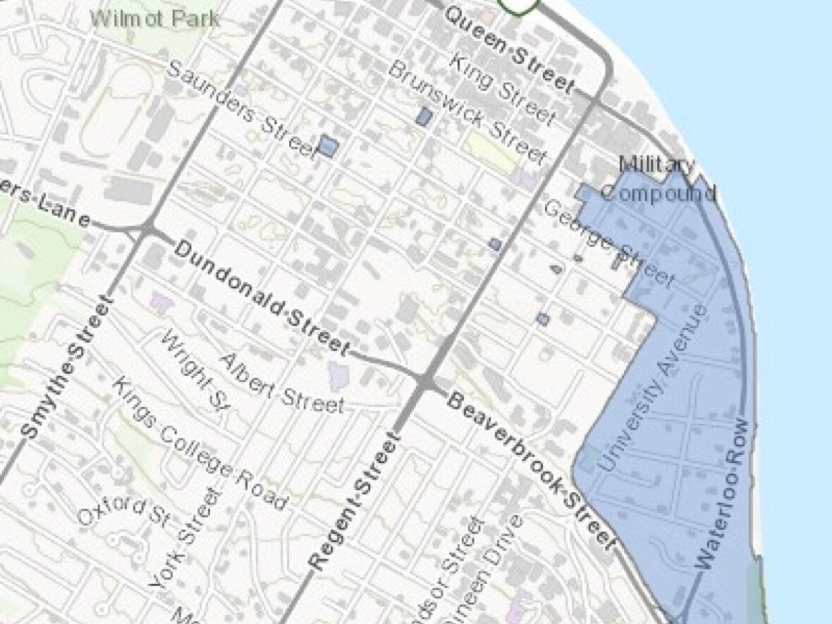 A map shows areas shaded in blue where buildings have heritage designation under the city's bylaw. Such designation has been largely reserved to the St. Anne's Pointe heritage area, but a new report is imagining that extended to blocks of King, Queen and York streets. (City of Fredericton - image credit)