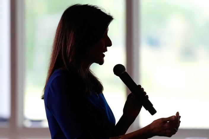 Republican presidential candidate Nikki Haley addresses a campaign gathering, Wednesday, May 24, 2023, in Bedford, N.H.