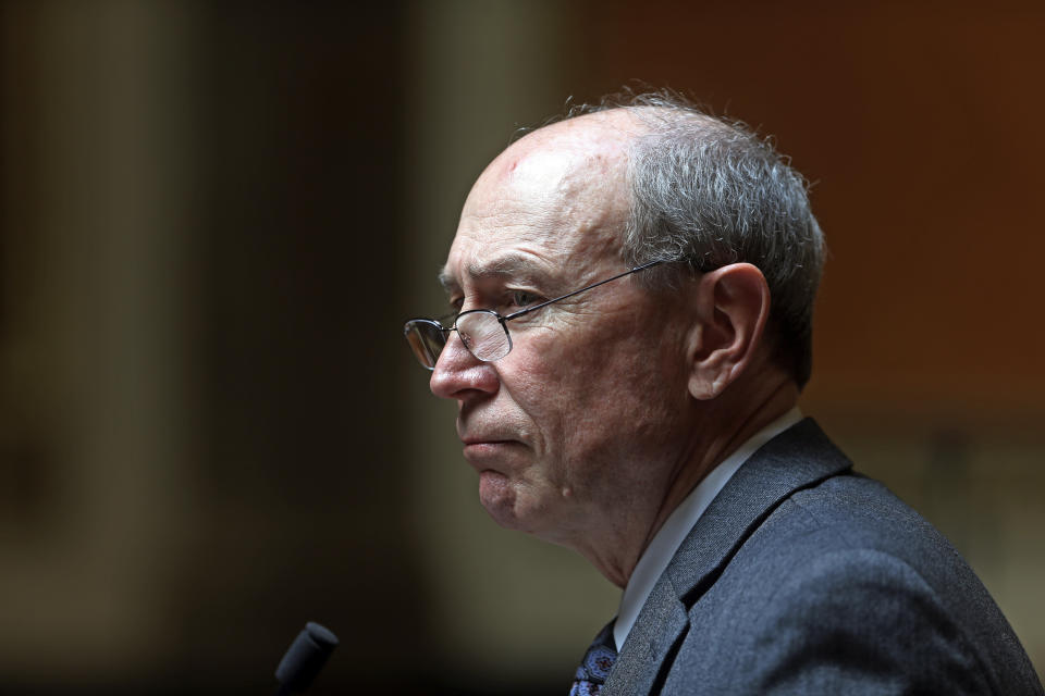 FILE - Republican Rep. Merrill Nelson speaks during a special session at the Utah State Capitol, in Salt Lake City, on April 18, 2018. In a Wednesday, Oct. 12, 2022 filing, three children who were sexually abused by their father, the late Paul Adams, are accusing Nelson and a prominent Salt Lake City law firm, Kirton McConkie, of conspiring with the Church of Jesus Christ of Latter-day Saints to cover up their abuse, allowing it to go on for years. (AP Photo/Rick Bowmer, File)